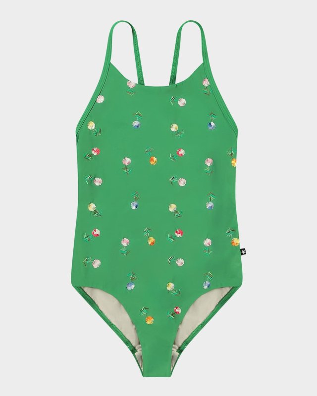 Girl's Nanna Embroidered Floral-Print Swimsuit, Size 8-14